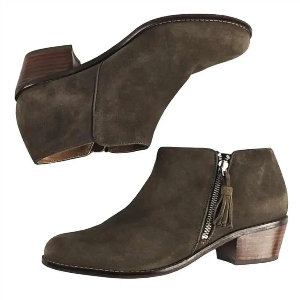 Vionic Joy Serena Taupe Kid Suede Tassel Side Zip Comfort Ankle Bootie